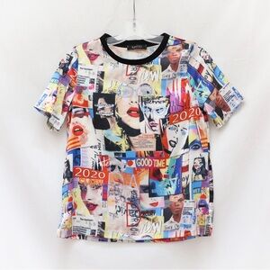 2020 magazine print t-shirt women's short sleeve satin fashion print colorful S